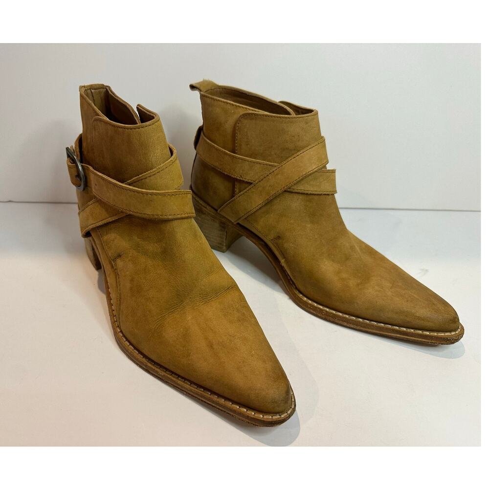 Free People Leather Pointed Toe Ankle Boots Tan EU 38 Back Loop Modern Boho